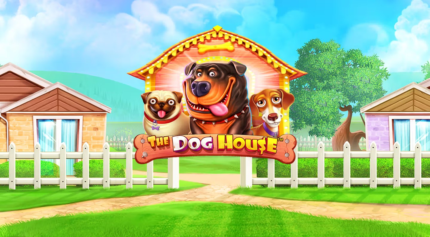 Слот The Dog House: псы-маскоты и логотип игры на фоне пригородного двора