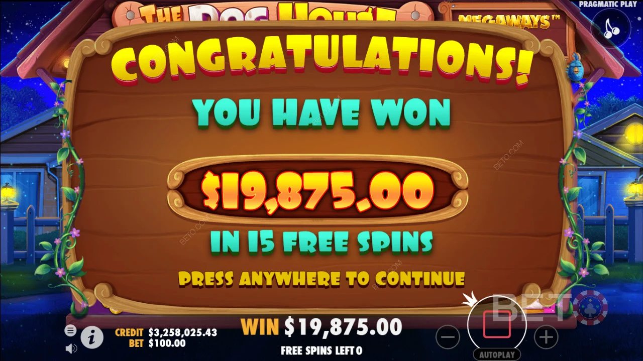 Экран выигрыша CONGRATULATIONS! в слоте The Dog House: $19 875 за 15 фриспинов
