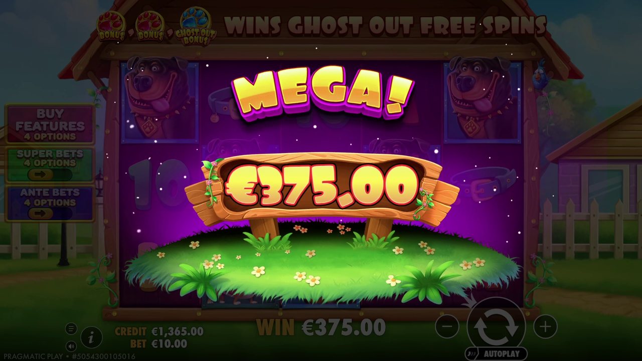 Экран выигрыша MEGA! в слоте The Dog House: €375 на ставке €10