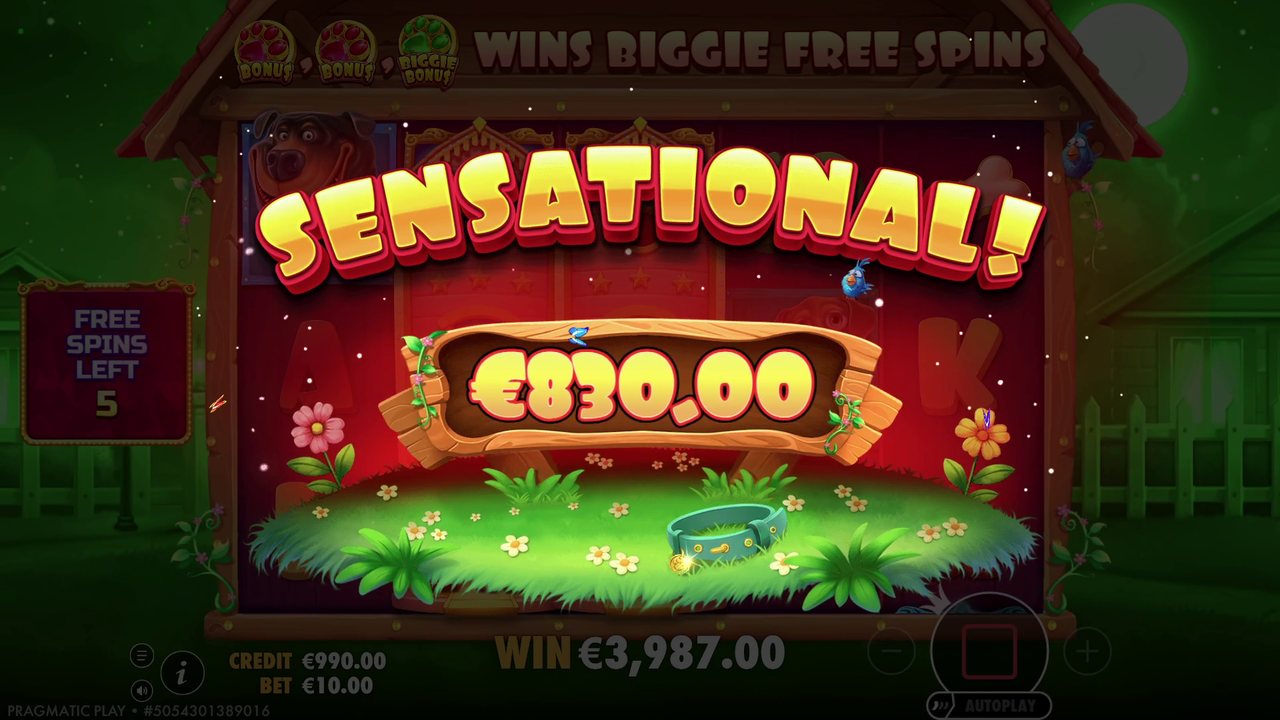 Экран выигрыша SENSATIONAL! в слоте The Dog House: €830 за спин, €3 987 за раунд